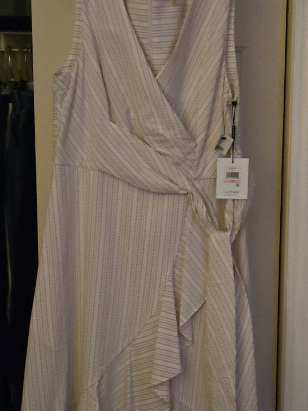 NWT Calvin Klein Sleeveless Wrap Midi Dress in Light Beige Stripe